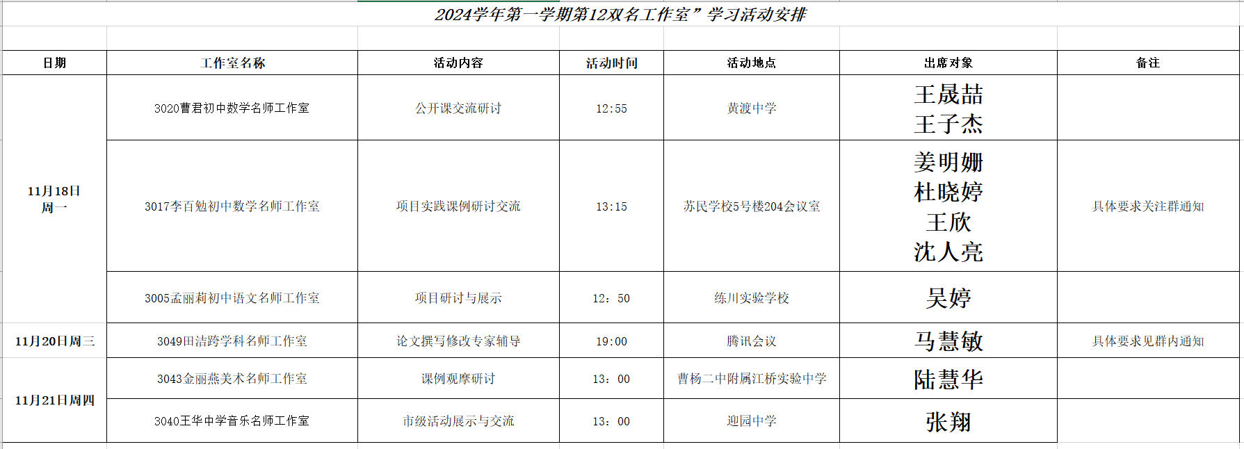 2024学年第一学期第12周“双名工作室”学习活动安排.png