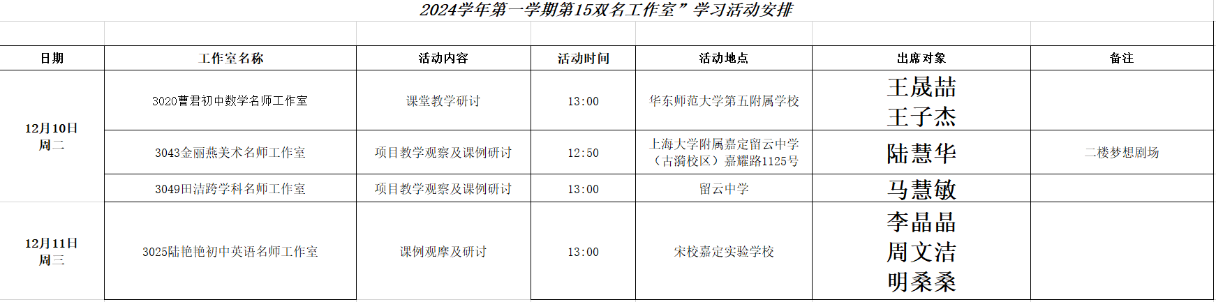 2024学年第一学期第15周“双名工作室”学习活动安排.png